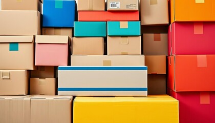 A stack of colorful cardboard shipping boxes, various sizes,  packaging,  colorful boxes