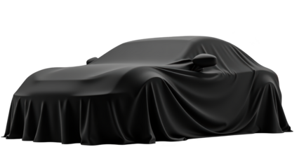 Sleek car covered with black cloth, hinting at its design and features, evokes curiosity and anticipation