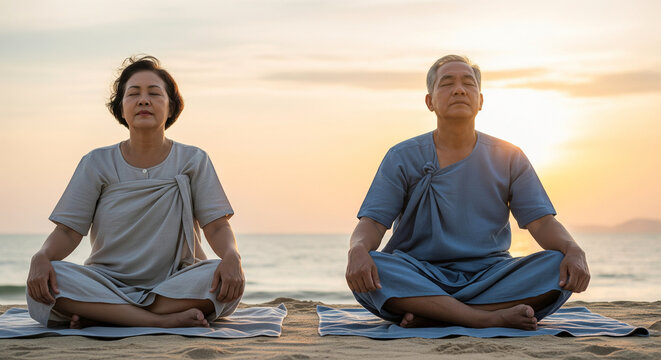 Serene senior Asian couple meditating together in a lotus pose on the beach at sunrise. Healthy lifestyle, mindfulness, and retirement wellness