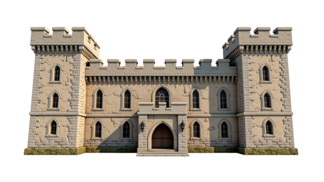 Detailed stone castle with towers and arched windows, showcasing medieval architecture and sturdy facade. structure is surrounded by greenery