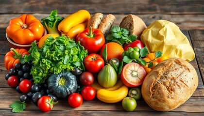 Assorted fresh fruits, vegetables, and bread on rustic wooden table,  colorful,  vitamin