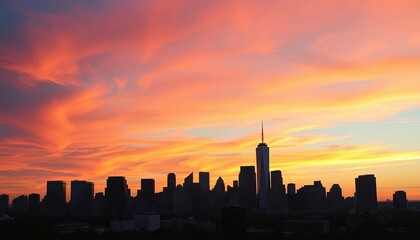 City skyline silhouetted against a vibrant sunset sky,   light,  sun