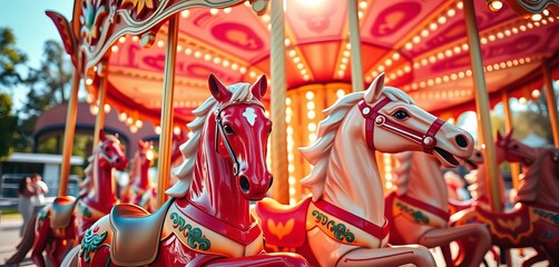 Carousel horses in vibrant sunlight, colorful details,  wooden,  joy