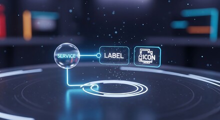 Abstract digital interface with glowing SERVICE, LABEL, ICON elements on dark background