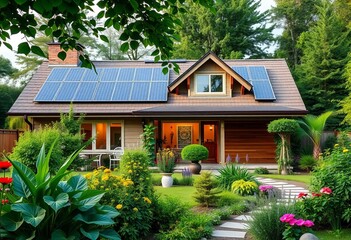 Eco-friendly home with solar panels and lush garden,  renewable energy,  green roof