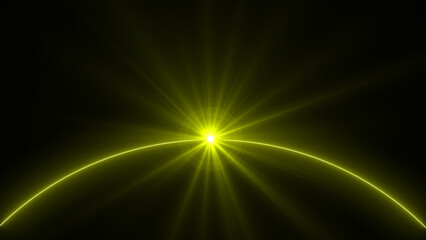 Naklejka premium A bright yellow starburst rises over a planet's horizon, casting glowing rays across a dark cosmic background, perfect for sci-fi, space concepts, or futuristic abstract designs