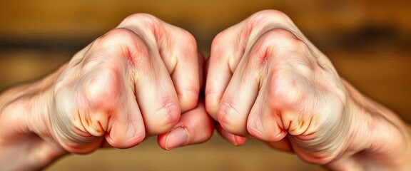 Fototapeta premium Close-up of two fists clenched tightly, knuckles prominent, veins visible, anxiety, monochrome