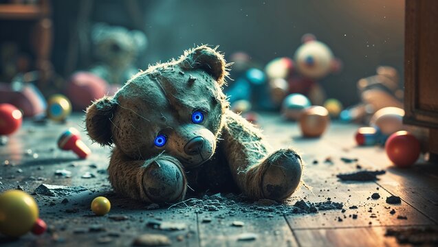 A single, worn teddy bear under a stark, dramatic light. An artistic and emotional image representing solitude, memory, and the importance of cherished objects.