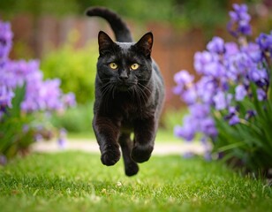 Black cat running joyfully through a lush garden with vibrant purple flowers, capturing motion