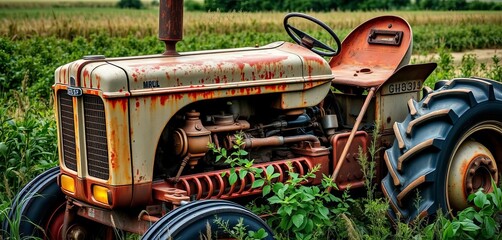 Rusty vintage farm tractor, weathered paint, overgrown field,  shadow,  farm