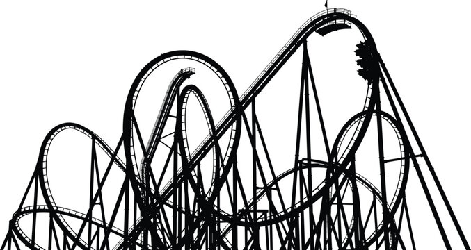 Silhouette of dynamic roller coaster with loops, twists, steep drop, structural beams, thrill ride cars, amusement park excitement vector illustration