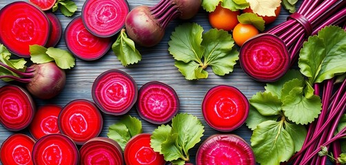 Vibrant beetroot slices, whole roots, and leaves in various arrangements,  vibrant,  color