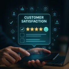 Person uses a smart device to provide feedback with a customer satisfaction rating, showcasing glowing golden stars for an excellent review.