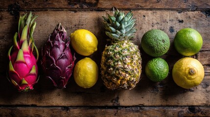 Colorful tropical fruits arranged on a rustic wooden plank