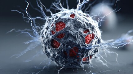 A close-up digital rendering of a virus or cell with spiky, web-like structures and red internal components against a dark, blurred background.