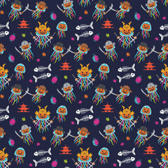 Seamless Halloween pattern with jellyfish samurais pumpkins and floating temples vector