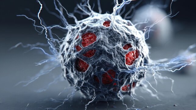 A close-up digital rendering of a virus or cell with spiky, web-like structures and red internal components against a dark, blurred background.