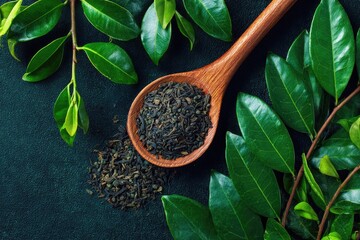 Wooden spoon filled with loose black tea, surrounded by fresh green tea leaves on a dark surface