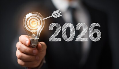 A hand holds a glowing lightbulb, with a target and arrow graphic inside, and the year 2026 written in a sketched style,  overlayed on a dark background