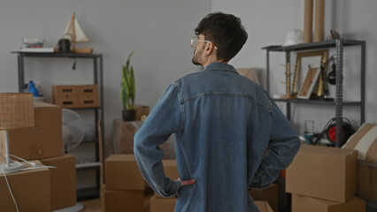 Man inside new home surrounded by moving boxes and shelves, wearing denim jacket and glasses,...