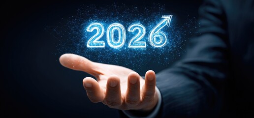 Hand holding a glowing 2026 projection with an upward arrow