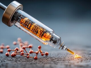 Close-up of a futuristic syringe with glowing orange liquid, highlighting advanced medical or scientific technology and molecular structures in the background.