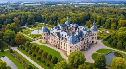 High-angle view of a grand European castle nestled within expansive, well-maintained gardens