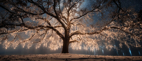 Majestic Winter Tree Draped in Fairy Lights