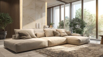 Modern beige sectional sofa in a sunlit living room with large windows overlooking a garden