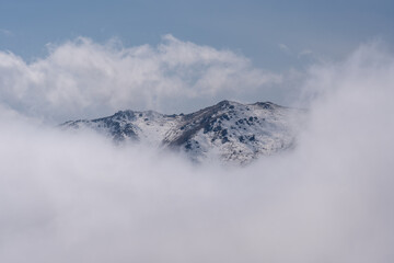 Misty mountain peak covered in snow, floating above dense clouds