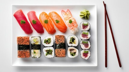 Assorted sushi platter with various nigiri, maki, and a small wasabi dish