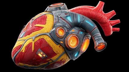 A futuristic biomechanical heart blending organic textures with glowing mechanical components on a black background.