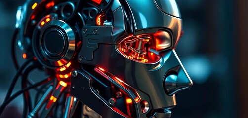 Fototapeta premium Close-up of a metallic robot head, intricate circuitry glowing faintly, circuitry, fiction