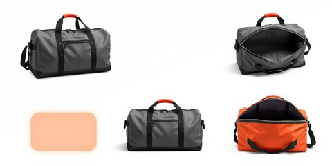 Duffle bag template mockup, showcasing various angles and zipper details,  material,  shoulder