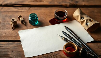 Elegant calligraphy nibs, inkwells, and paper arranged on a rustic wooden surface,  materials,  pen
