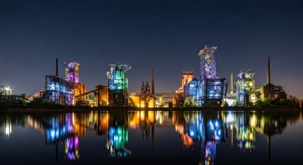 Fototapeta premium Illuminated industrial complex at night, reflected in calm water