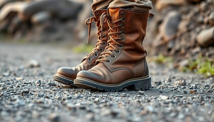Durable brown leather military boots, rugged tread,  gear,  texture