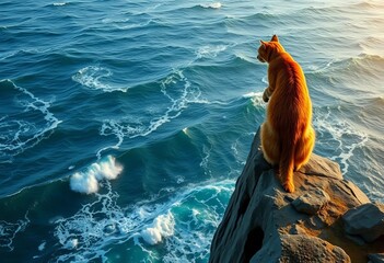 Fearless wildcat perched atop a cliff overlooking a vast stormy ocean,   resolute,   audacious