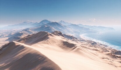 Vast desert landscape meets ocean.  Sunrise/sunset hues.  Sand dunes, mountains, and a tranquil coastline