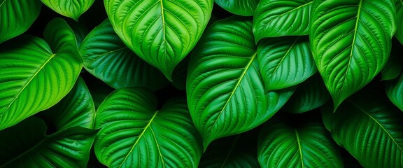 Large, vibrant green tropical leaves with intricate vein details, arranged in a repeating pattern, green leaves, botanical
