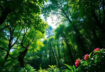 Lush green canopy, vibrant flora, sunlight dappling forest floor,  shadow,  tropical