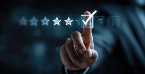 A hand selecting a checkmark in a digital feedback system, accompanied by star ratings