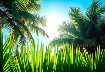 Lush tropical palm trees, vibrant green leaves against a sunny sky,   backdrop,  foliage