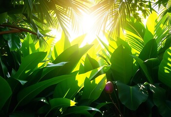 Lush vibrant green tropical leaves, sunlight dappled, diverse textures,  nature,  foliage