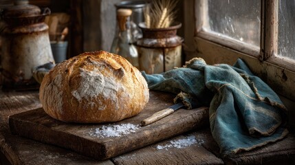 Rustic loaf of bread on wooden board, near window
