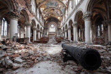Ruined church interior, debris, cannon
