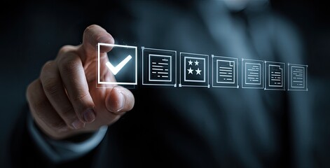 Businessperson selecting a checkmark on a digital document list