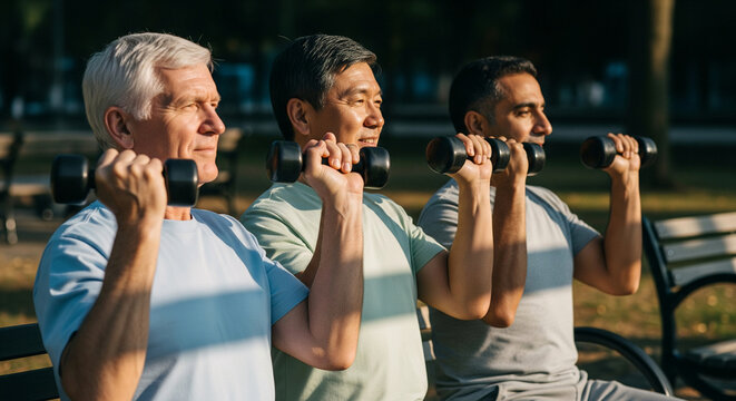 Side profile of three diverse mature men sitting on a park bench, engaging in strength training with dumbbells for an active and healthy lifestyle