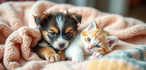 Playful puppy and kitten cuddling on soft blanket, cute animals, friends