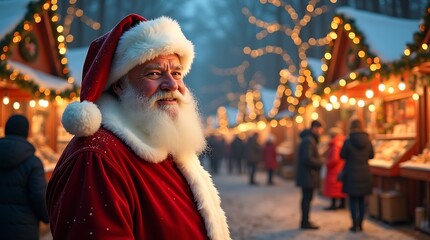 Santa Claus at Glowing Christmas Market with Decorated Stalls and Festive Holiday Lights